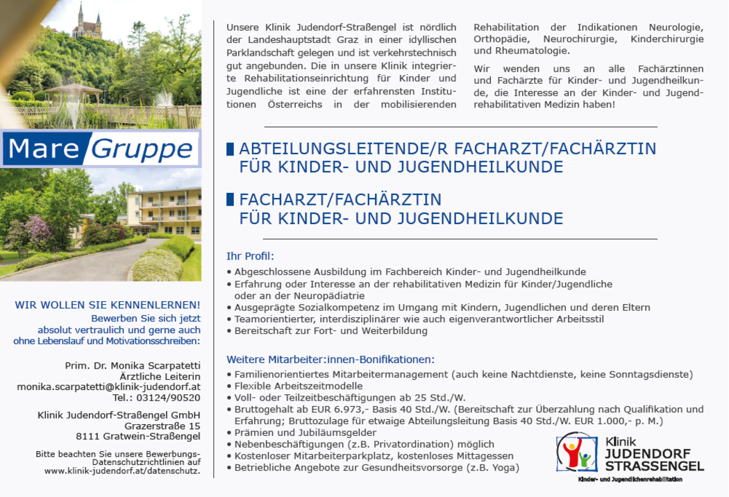 Abteilungsleitende/r Facharzt/Fachärztin für Kinder- und Jugendheilkunde (m/w/d) und Facharzt/Fachärztin