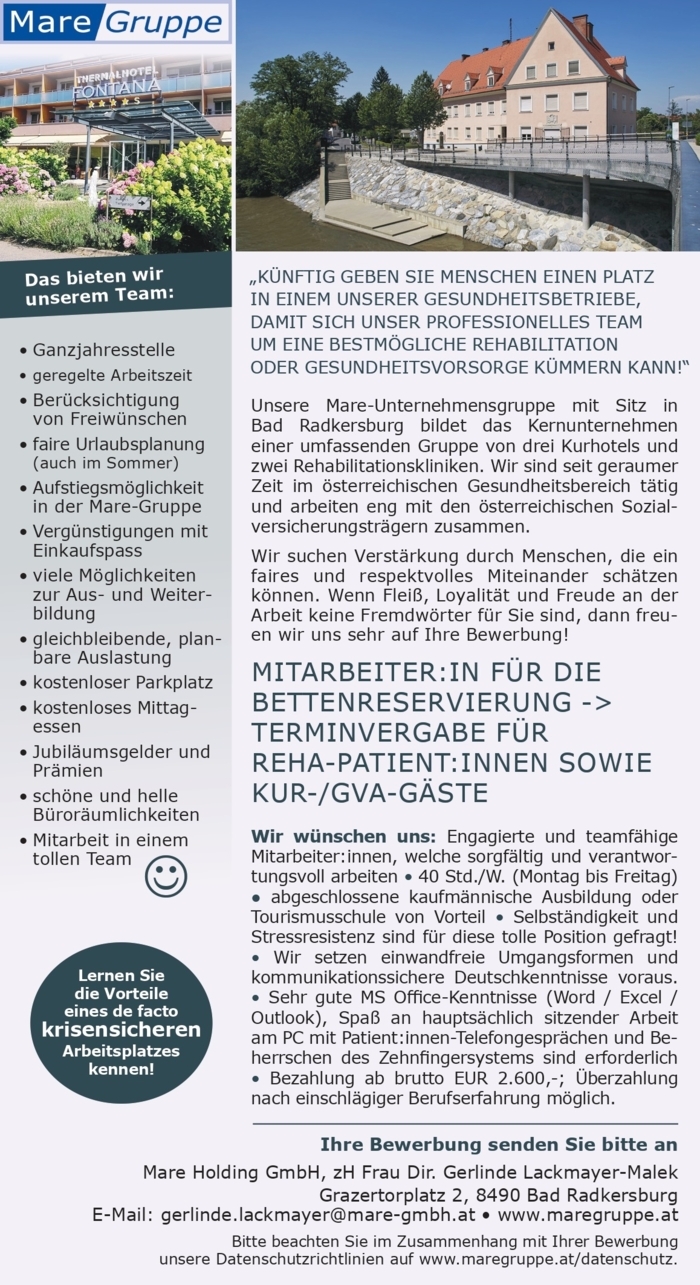 Mitarbeiter:in für die Bettenreservierung / Terminvergabe 