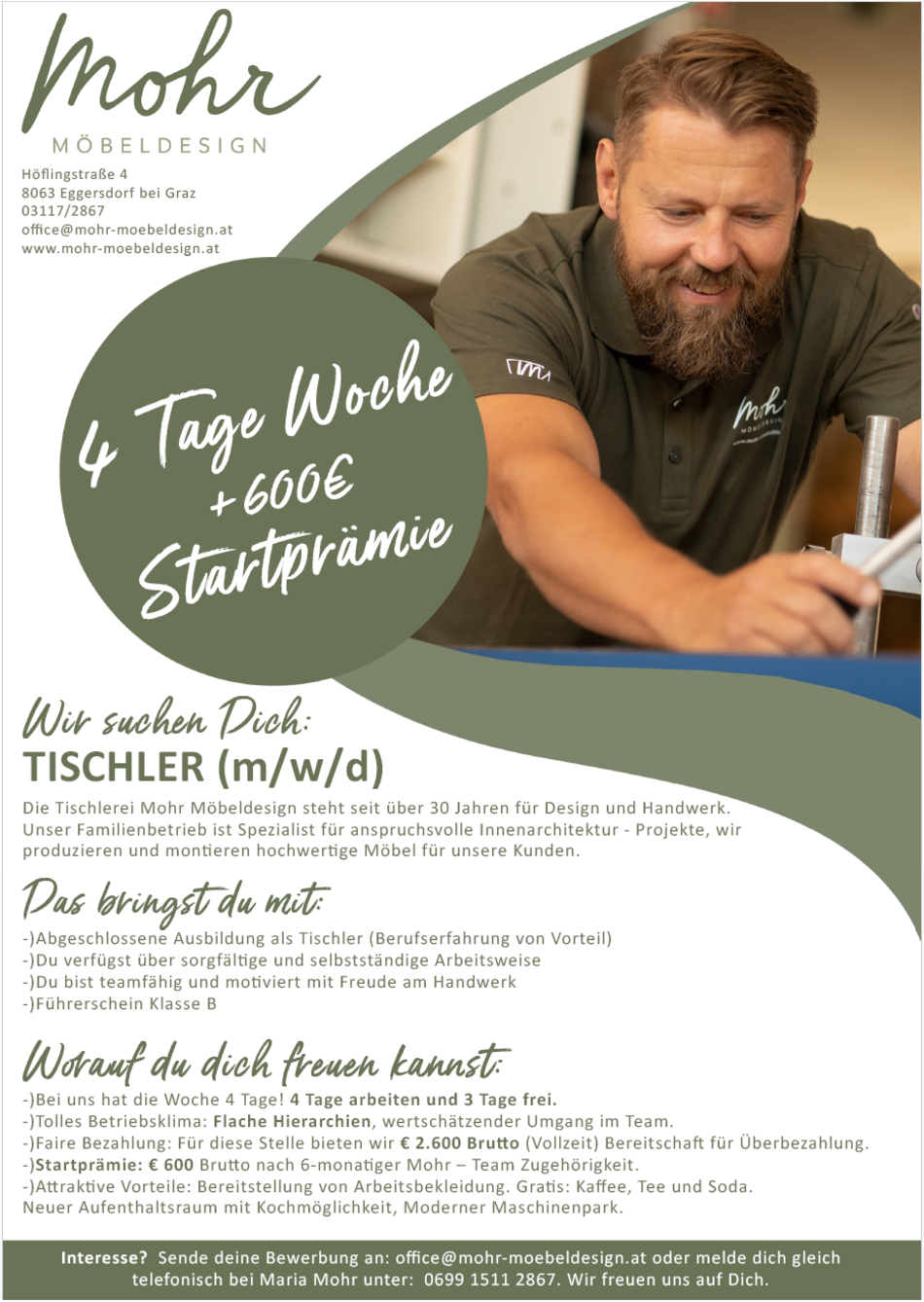 Tischler (m/w/d) - 4 Tage Woche / Startprämie